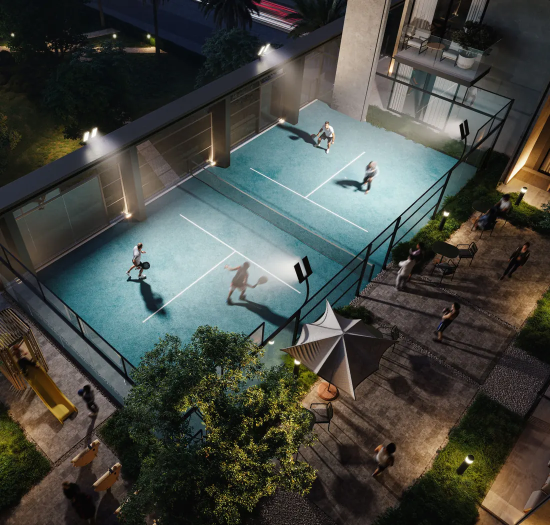 Social padel court at night